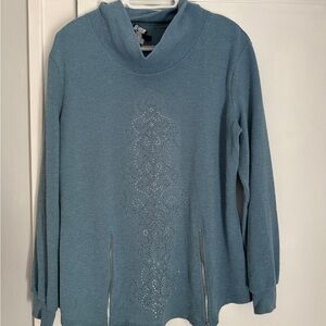 Frank Lyman Blue Embellished Knit Sweater with Funnel Neck